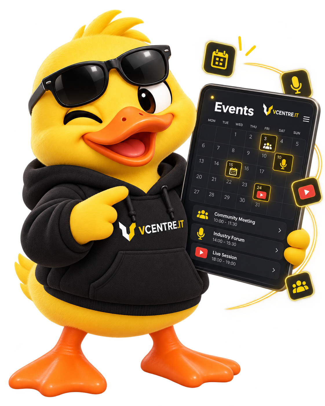 Маскот VCENTRE.IT показывает календарь событий