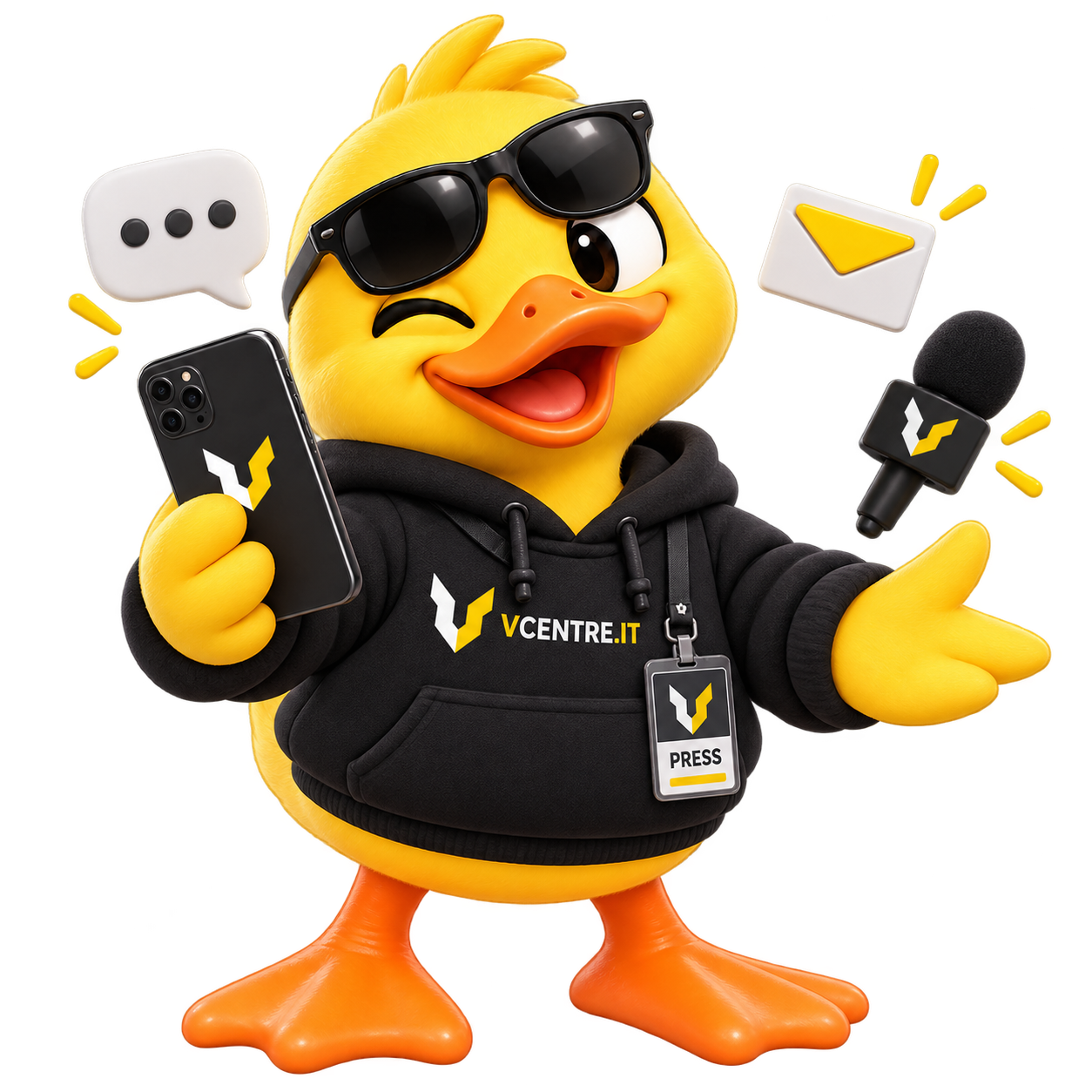Маскот VCENTRE.IT с пресс-бейджем и смартфоном