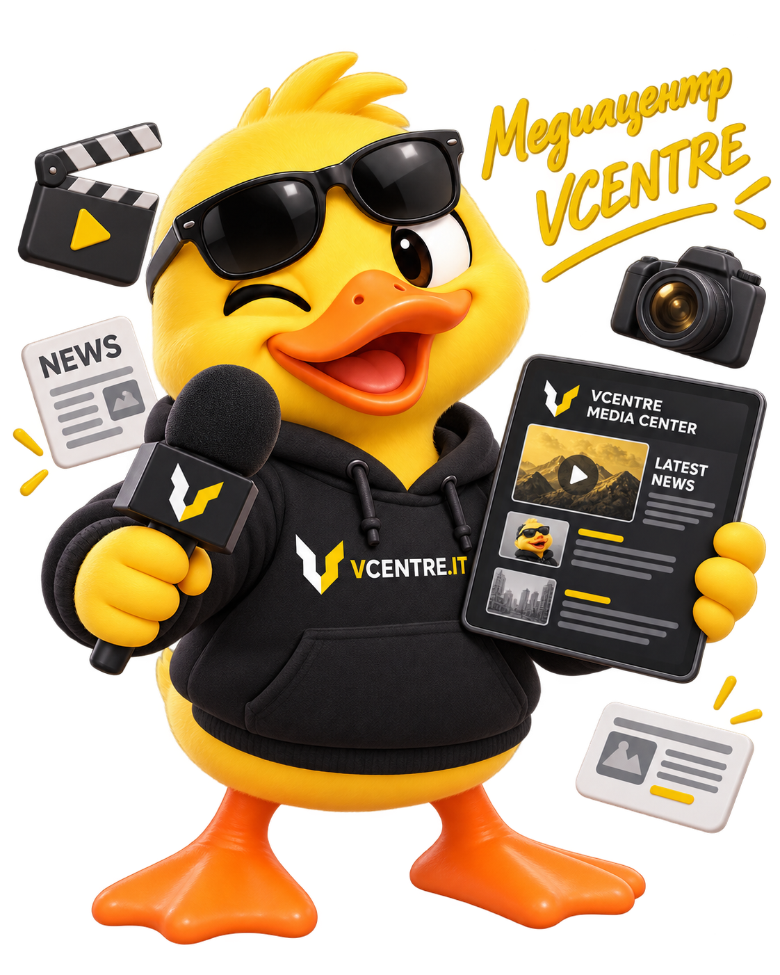 Маскот VCENTRE.IT с микрофоном и планшетом «Медиацентр VCENTRE»