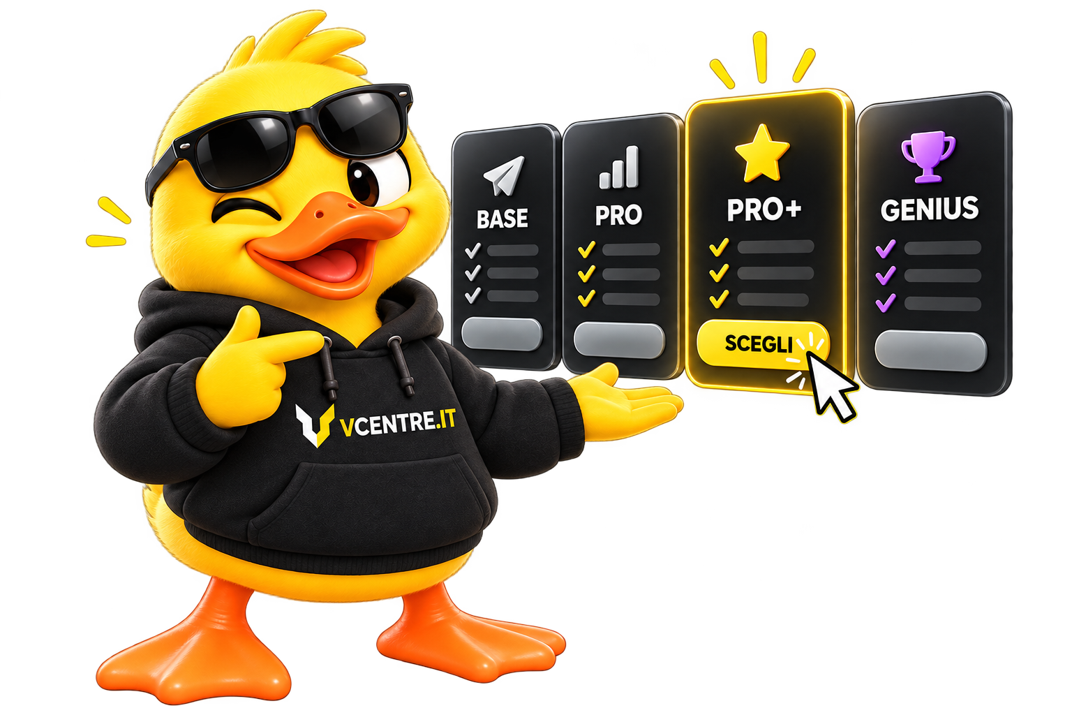 Маскот VCENTRE.IT показывает тарифы BASE, PRO, PRO+ и GENIUS