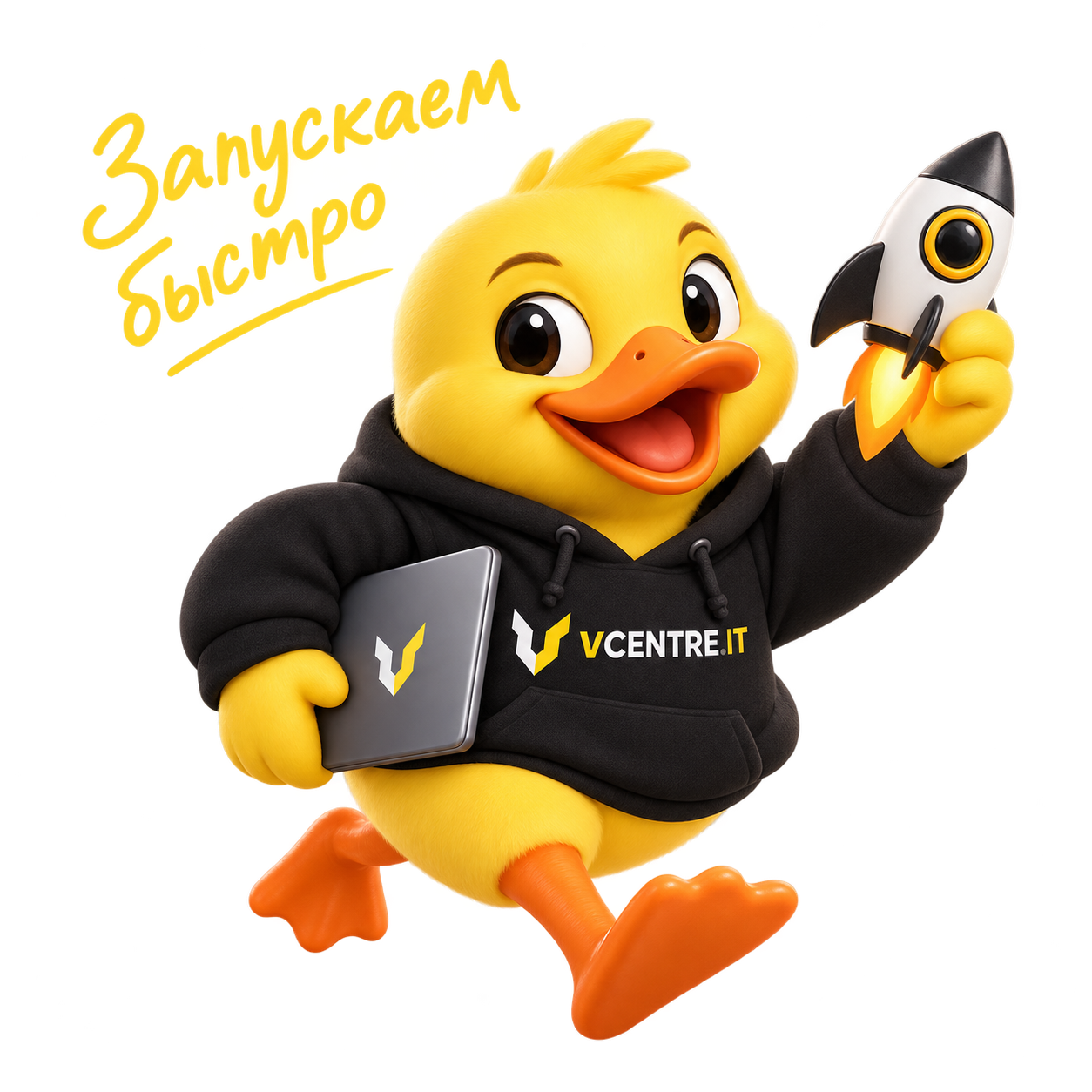 Маскот VCENTRE.IT с ракетой и фразой «Запускаем быстро»