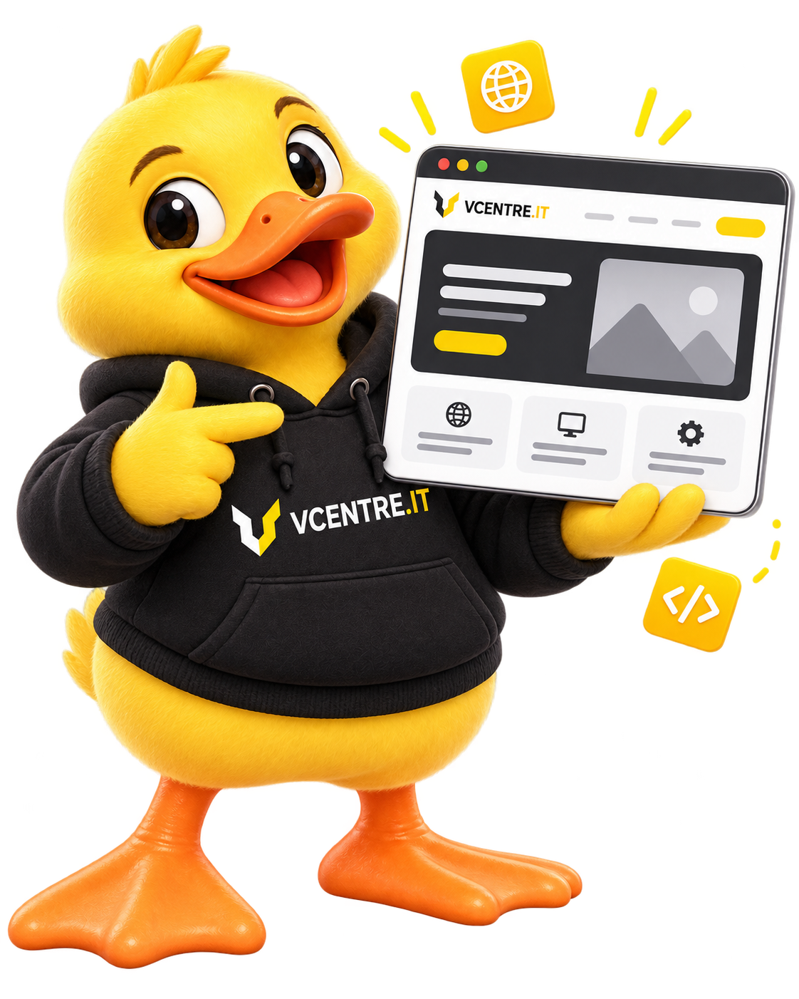 Маскот VCENTRE.IT с планшетом и макетом сайта